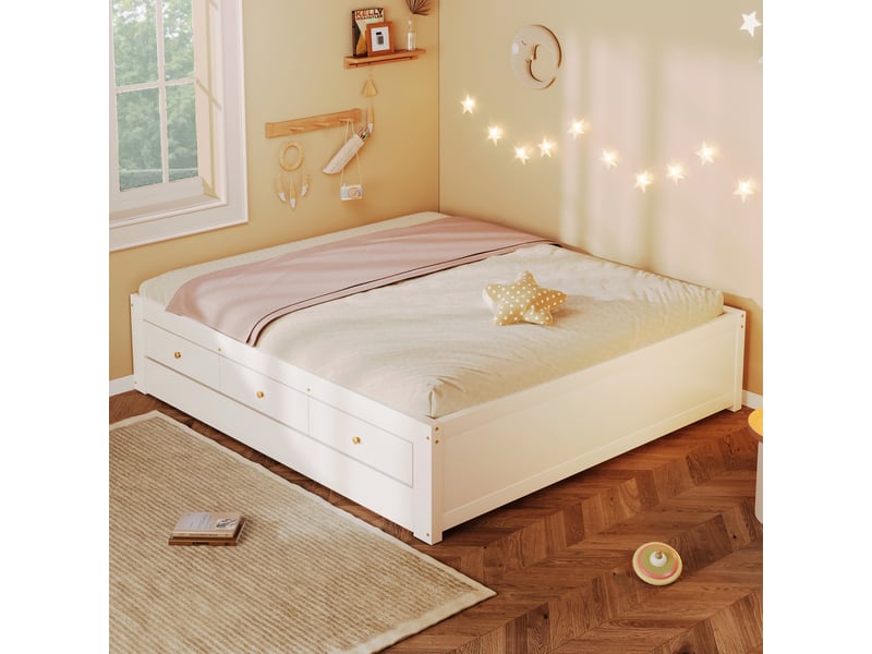 Lit banquette 140x200 cm tiroirs de rangement lit gigogne bois et mdf gain de place rangement fonctionnel blanc OPULERANE TRADING LTD - Conforama C
