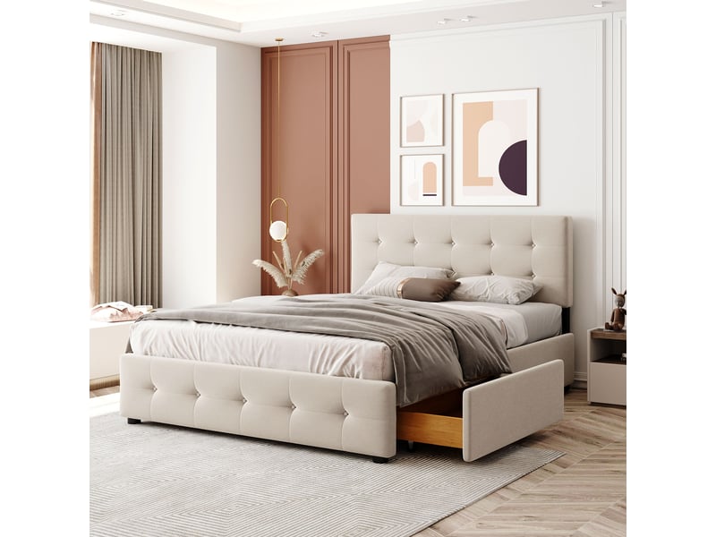 Lit double 140x200 cm, 4 tiroirs à roulettes sous le lit, tête de lit rembourrée et sommier à lattes, sans matelas, velours, beige - Conforama C