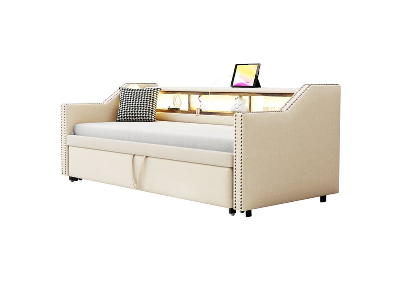  Modenvie canapé-lit gigogne 90x190180x190 cm - avec led, port usb et sommier inclus - beige  - Conforama A