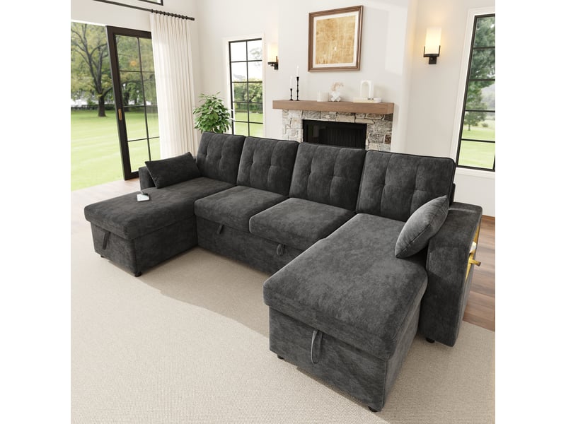 Canapé d'angle convertible en u 4 places 273 x 131 cm avec double méridienne, coffre de rangement, led et usb type-c - chenille gris - Conforama B