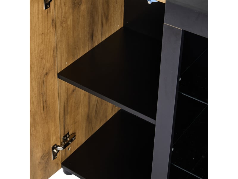  Buffet 140x40x80cm, buffet de rangement, led, porte, 3 tiroirs, 3 rangements ouverts, pb, verre trempé, brun  - Conforama E
