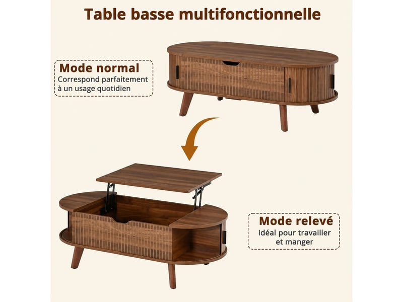  Table basse ovale relevable effet noyer avec rangement caché, 110 x 50 x 53,5 cm  - Conforama D