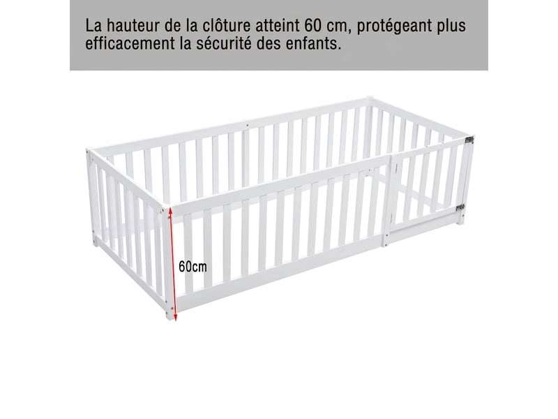  Lit enfant 90x200 au sol avec barrière et porte - cadre en bois massif blanc  - Conforama C