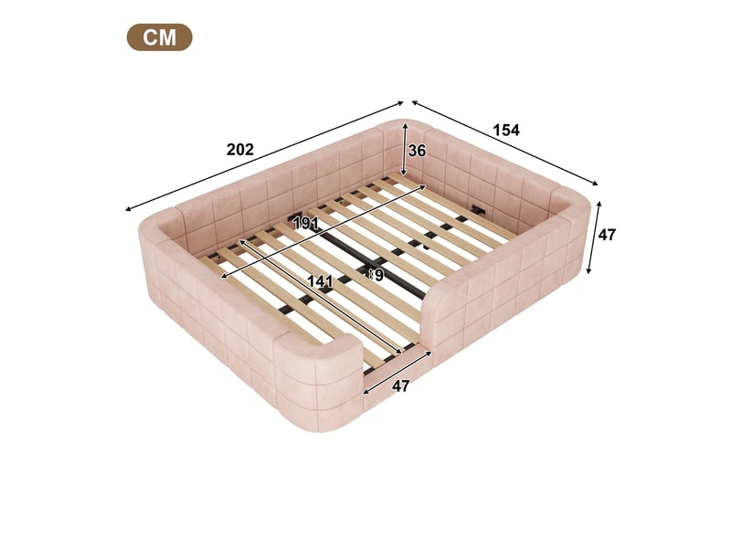  Lit enfant rembourré au sol 140x190 cm, capitonné en chenille, avec contour rembourré et entrée, avec sommier à lattes inclus, sans matelas, rose Luxe haut de gamme - Conforama C