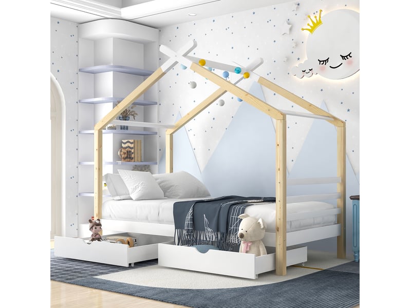  Modenvie lit cabane enfant 90x200 cm - avec tiroirs de rangement et sommier inclus, sans matelas - blanc et bois  - Conforama B