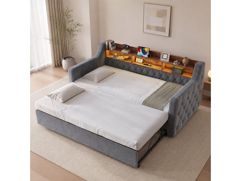  Lit gigogne 90x190 cm avec éclairage led et ports usb et type c en velours gris foncé  - Conforama D