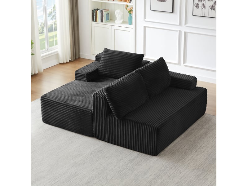  Canapé d'angle compressé en l 238x152x66 cm modulable 3 places, mousse et velours côtelé couleur noir, moderne  - Conforama D