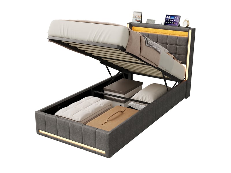 Lit coffre 90x200 cm avec led,usb et hydraulique, lit simple en lin gris, grand rangement, tête de lit capitonnée - Conforama A
