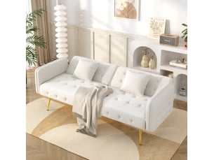 Canapé-lit 2 places convertible en velours blanc, dossier et accoudoirs réglables, couchage d'appoint 215 cm