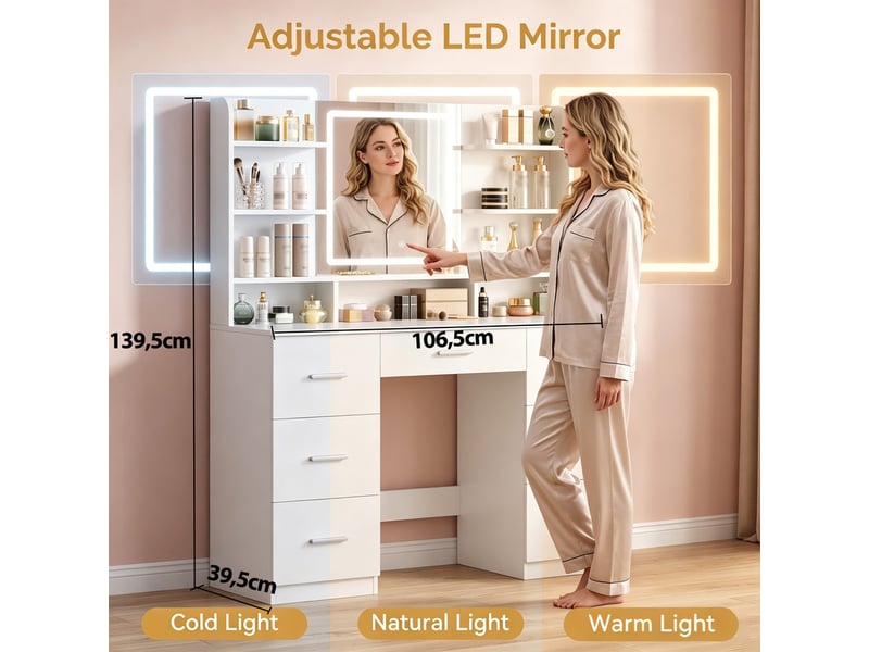  Grande coiffeuse multifonction avec miroir lumineux – table de maquillage blanche à grande capacité  - Conforama C