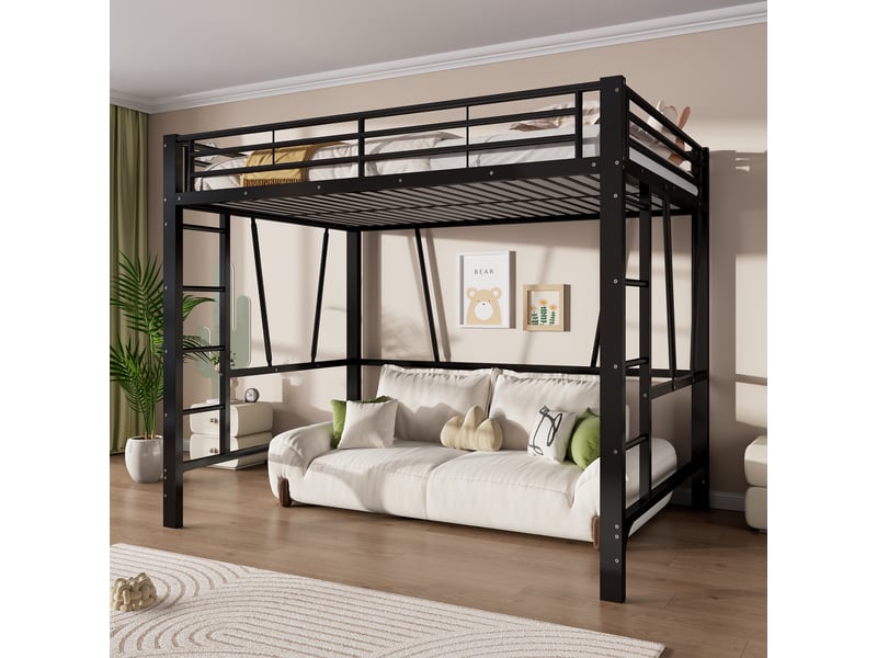  Lit mezzanine 140x200 cm coloris noir, lit superposé enfant avec double échelle, lit en hauteur métal , sans matelas  - Conforama R