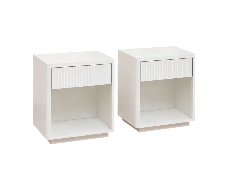  Lot de 2 tables de chevet modernes 55x40x63,5 cm avec 1 tiroir et 1 niche ouverte – bouts de canapé blancs avec façade ondulée et glissières silencieuses – blanc  - Conforama A