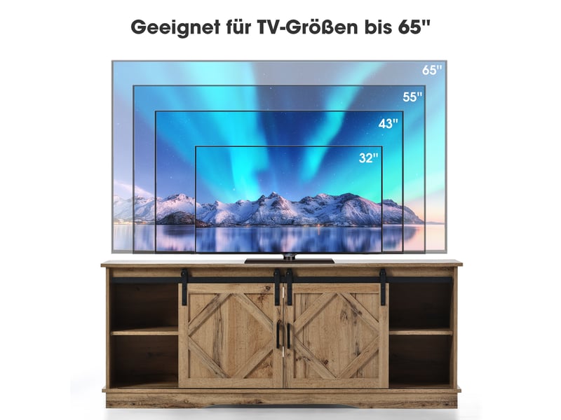 Meuble tv style campagne 150cm - portes coulissantes grange - étagères réglables + trous pour câbles - pour tv 65 - marron vintage - Conforama W