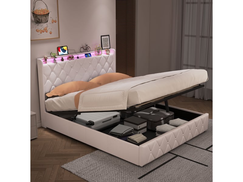  Lit coffre 140x200cm - lit double 140x200 et sommier - lit 140x200 avec tête de lit led, prises usbtype-c - beige  - Conforama C
