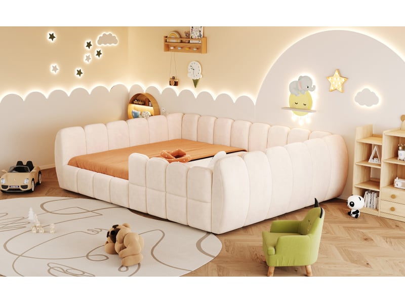  Lit simple enfant 140 x 200 cm avec cadre bas rembourré aux angles arrondis, tête de lit et côtés enveloppants, velours, beige Morn Vibe - Conforama E
