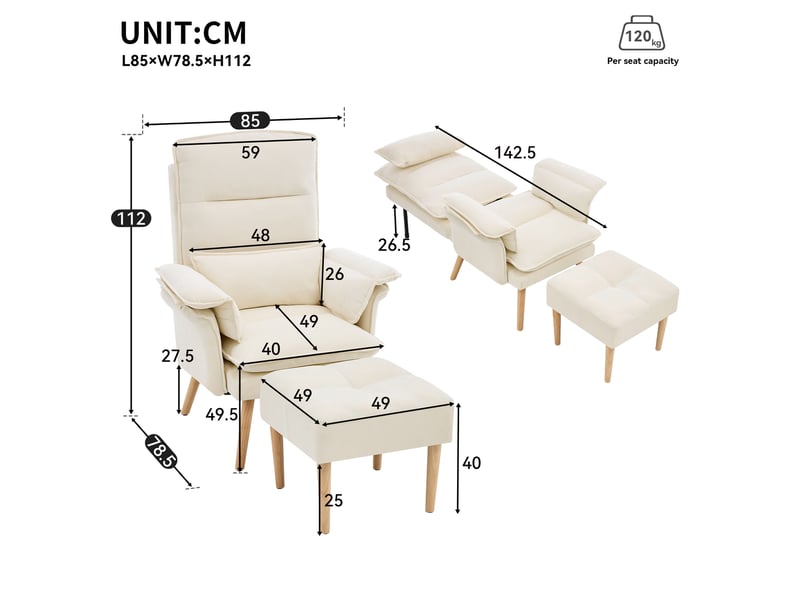  Fauteuil relax avec pouf dossier réglable 5 positions et coussin de soutien, en tissu effet lin beige  - Conforama D