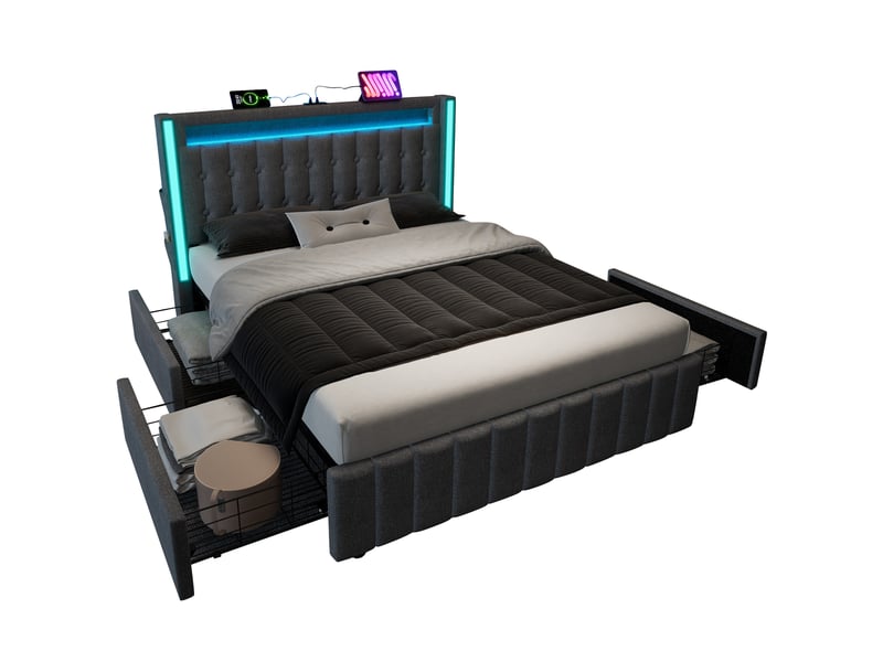 Lit double 160x200cm, éclairage led, 4 tiroirs, port de charge usb, type-c, design épuré, incluant un matelas, lin, gris - Conforama A