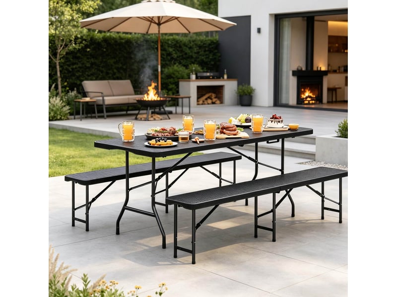  Salon de jardin pliant 180 x 74 x 70 cm noir en hdpe et métal, table et 2 bancs pour 8 à 10 personnes  - Conforama D