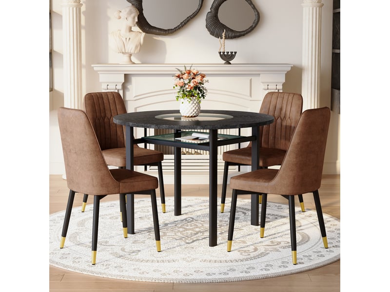 Ensemble table à manger ronde 100x100x76 cm avec 4 chaises mdf métal marron et noir - Conforama B