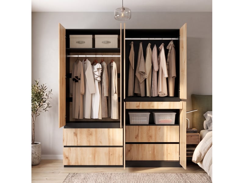  Armoire 6 portes 180 x 50 x 200 cm – chêne artisan et blanc – 5 tiroirs, 2 tringles, grand rangement  - Conforama B