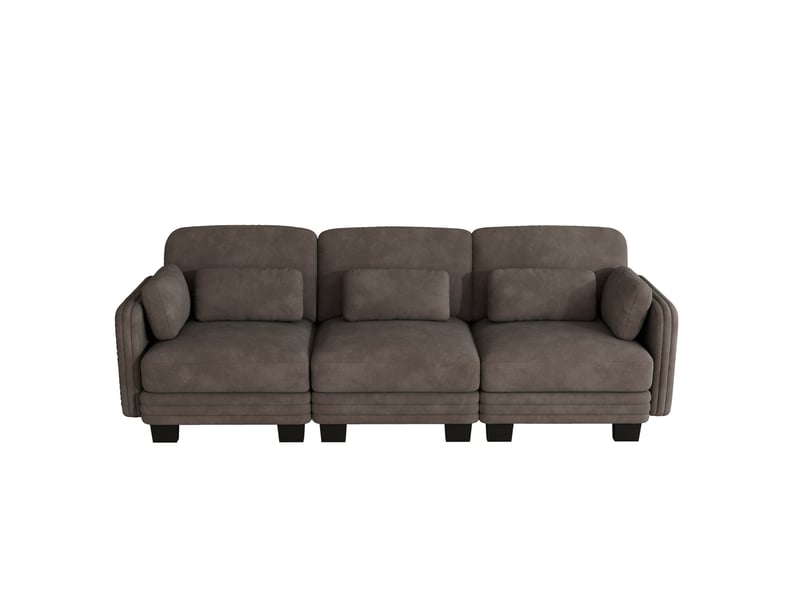  Canapé droit modulable 3 places 253x88x88 cm, coussins lombaires et accoudoirs, chenille, marron  - Conforama A