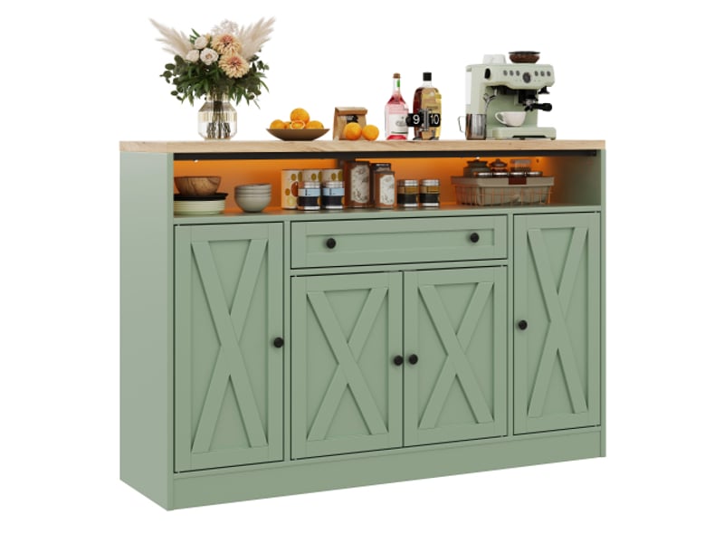 Buffet bas 140x35x95 cm avec éclairage led rgb, tiroir et 4 portes en mdf, couleur vert, design moderne - Conforama A