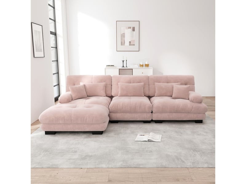 Canapé nuage d'angle modulable 3 places 313x145x81 cm avec pouf mobile, assise profonde, accoudoirs arrondis, chenille rose Radiant Stride - Conforama D