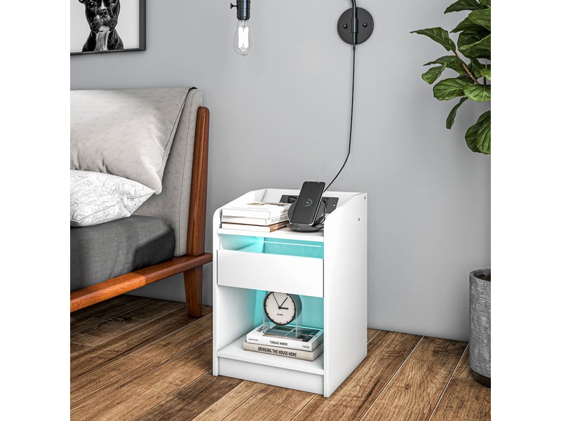  Table de chevet avec éclairage led, tiroir, étagère, station de charge, ports usb et télécommande, 40 x 40 x 58 cm, blanche  - Conforama C