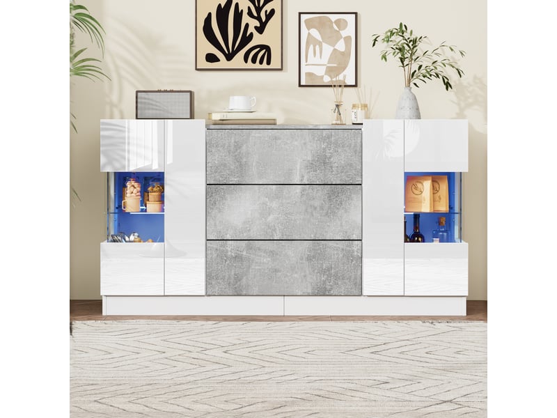 Buffet blanc laqué effet marbre gris 140x35x75 cm - 2 portes, 3 tiroirs, éclairage led - Conforama B