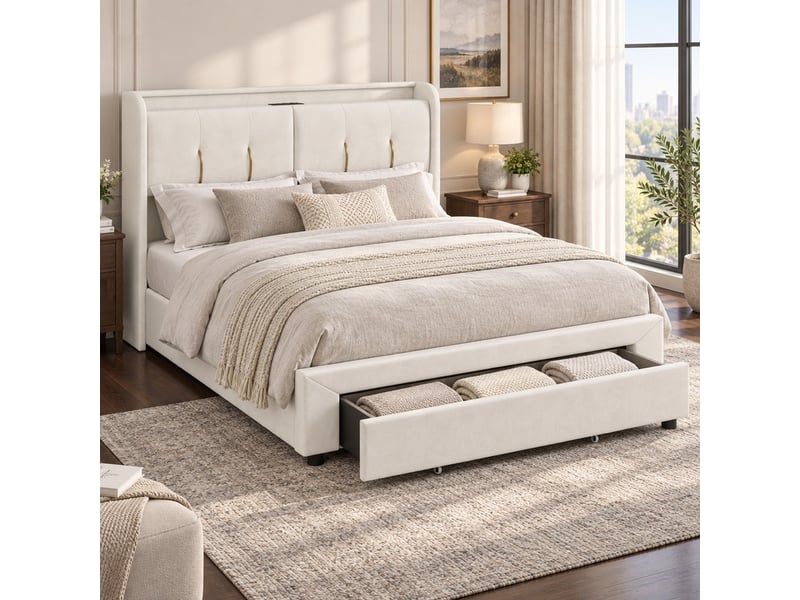 Lit coffre 2 places 160x200 cm, lit adulte avec rangement, ports usb, led, tiroir, velours blanc cassé  - Conforama B