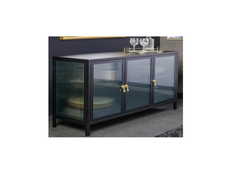 Buffet britton 105 cm en verre trempé et métal – 3 portes vitrées, coloris noir et poignées dorées - Conforama D