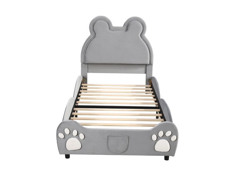  Lit enfant 90x200 cm en velours gris, tête de lit forme ours et sommier à lattes  - Conforama A