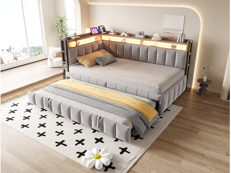  Lit gigogne 90x200 cm led réglable et ports usb et type c en velours gris  - Conforama D
