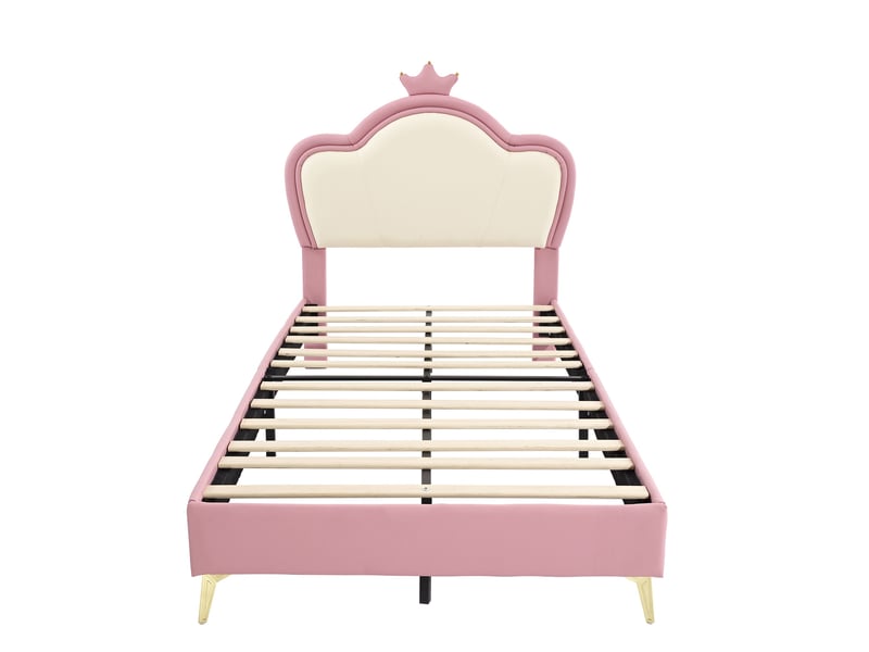 Lit enfant 90x200 cm, lit simple avec tête de lit couronne, bords de protection, sommier à lattes, pieds en métal, cadre en simili-cuir pu, rose - Conforama D