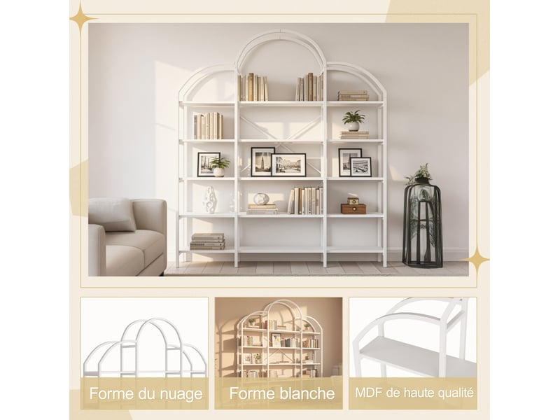  Bibliothèque 170x26x190 cm, 5 niveaux, meuble de bureau, design nuage, structure stable et robuste, mdf, métal, blanc  - Conforama D