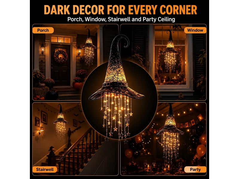  2 pièces décoration halloween suspendue, chapeau de sorcière lumineux led avec étoiles en cascade, pour porche, terrasse et entrée  - Conforama E
