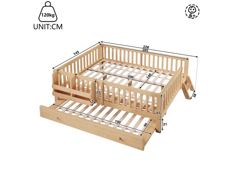  Lit enfant 140x200cm, avec lit gigogne90x190cm, petite échelle, panier de rangement, barrière, bois + mdf, couleur bois  - Conforama C