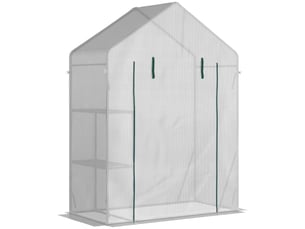 Serre de jardin extérieure en pe et acier avec 2 étagères et porte enroulable, 143 x 73 x 195 cm, blanche