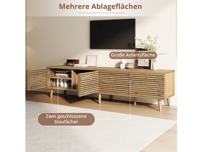 Meuble tv 4 portes avec 6 compartiments réglables et passe-câbles pour salon en mdf bois naturel 180 × 40 × 46 cm  - Conforama E