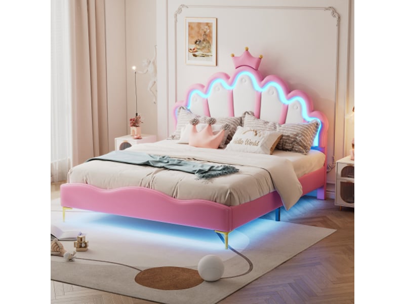 Lit enfant 140x200 cm, avec tête de lit couronnée et led, en simili cuir, rose, sans matelas - Conforama B