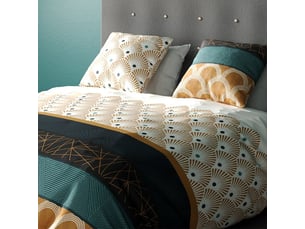 Parure housse de couette 240x220cm + 2 taies motif graphique jaune moutarde 100% coton - galiana