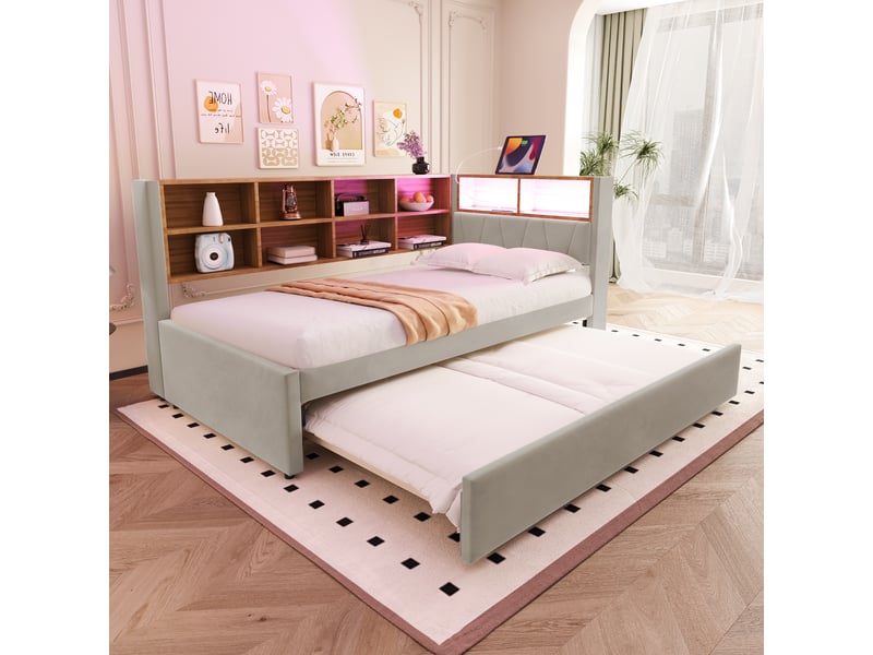  Canapé-lit 90x200 cm + gigogne 90x190 cm avec led et prises, flanelle gris clair, sans matelas  - Conforama B