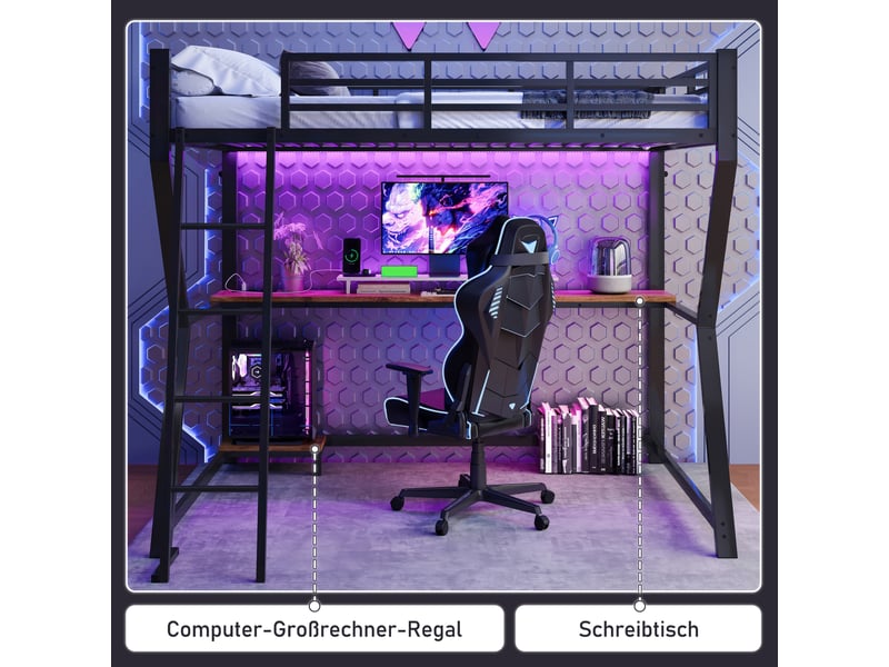  Lit mezzanine 90*200cm, structure en métal et mdf, éclairage led, bureau, port usb, échelle, sans matelas, noir  - Conforama E