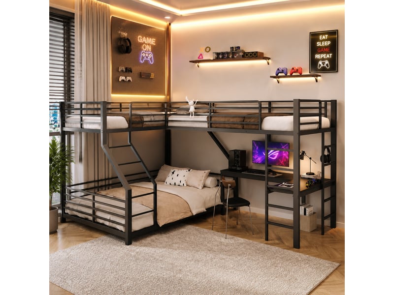  Lit superposé familial 3 couchages 90x200140x200 cm, bureau intégré, usb et usb-c, échelle et barrières, métal noir Radiant Stride - Conforama B