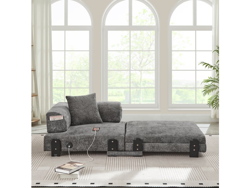  Canapé-lit pliable modenvie 1 place 2 en 1 avec fonction couchage, ports usb et type-c, rangements, tissu gris foncé  - Conforama D