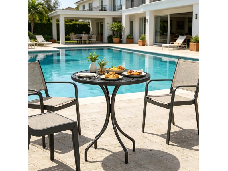 Table de jardin ronde 66 cm noire en acier galvanisé, plateau rainuré et pieds protecteurs pour extérieur - Conforama E
