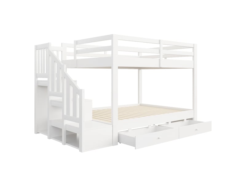 Lit superposé en bois massif 140 x 200 cm – avec escalier de rangement, barrières de sécurité et 2 tiroirs – blanc (matelas non inclus) - Conforama W