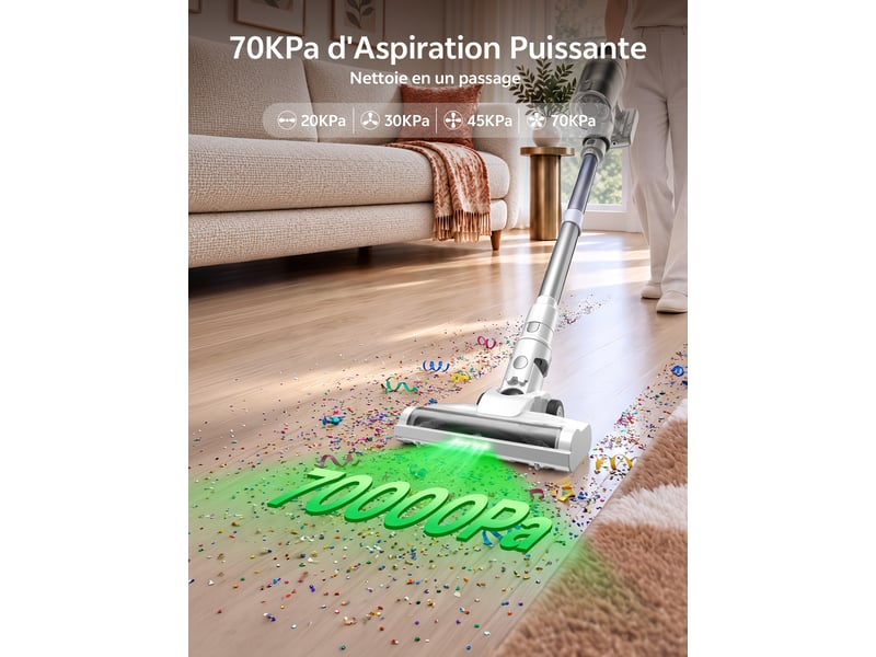 Vactidy blitz v18 - aspirateur balai sans fi-l70 kpa, 450 w, autonomie jusqu’à 70 min, bac 1 l, écran led, batterie amovible, tube télescopique, brosse anti-enchevêtrement autoportante avec éclairage vert - Conforama B