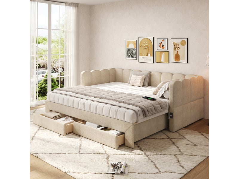  Lit capitonné, méridienne, canapé-lit, avec 2 tiroirs de rangement, 90 x 190 cm, extensible jusqu'à 180 cm, avec port usb, chenille beige  - Conforama B