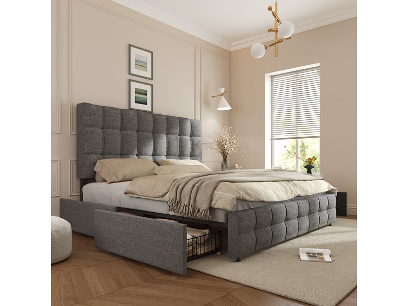  Lit double 140x200 avec 4 tiroirs, sommier et matelas inclus, tissu gris  - Conforama B
